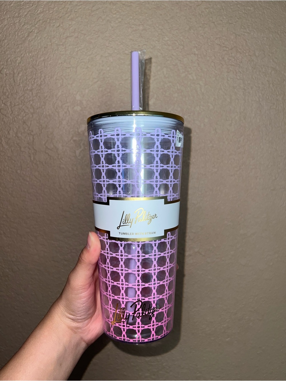NWT Lilly Pulitzer Pink & Lavender Patterned Double Walled Tumbler with Straw